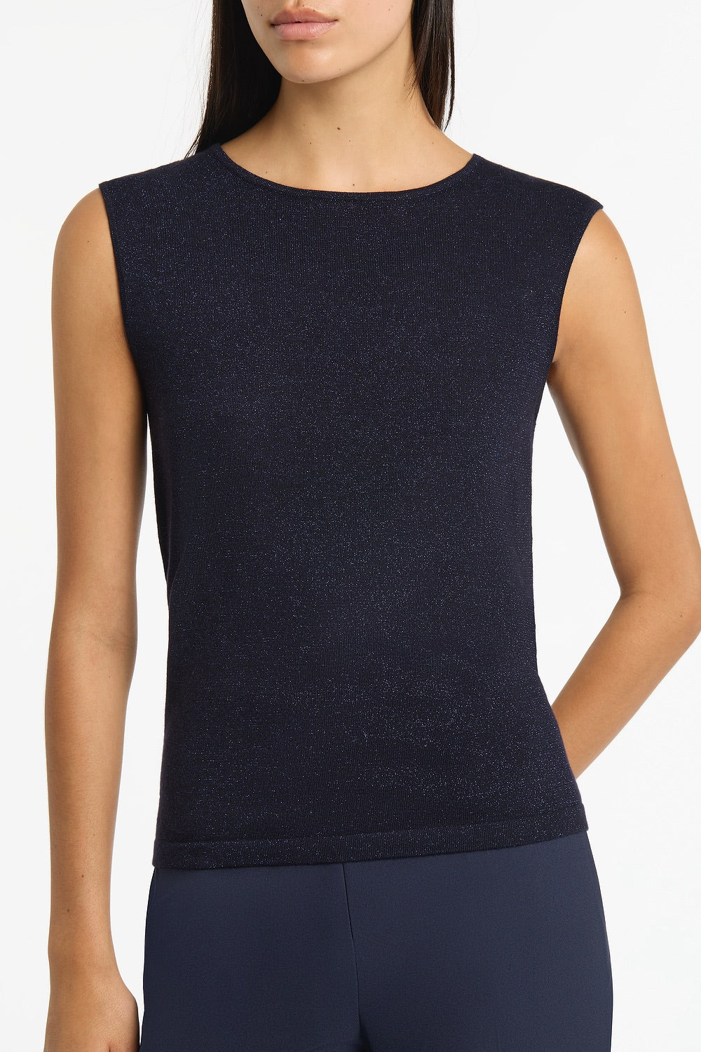 Carla Zampatti Metallic Knit Cap Sleeve Top (Navy)