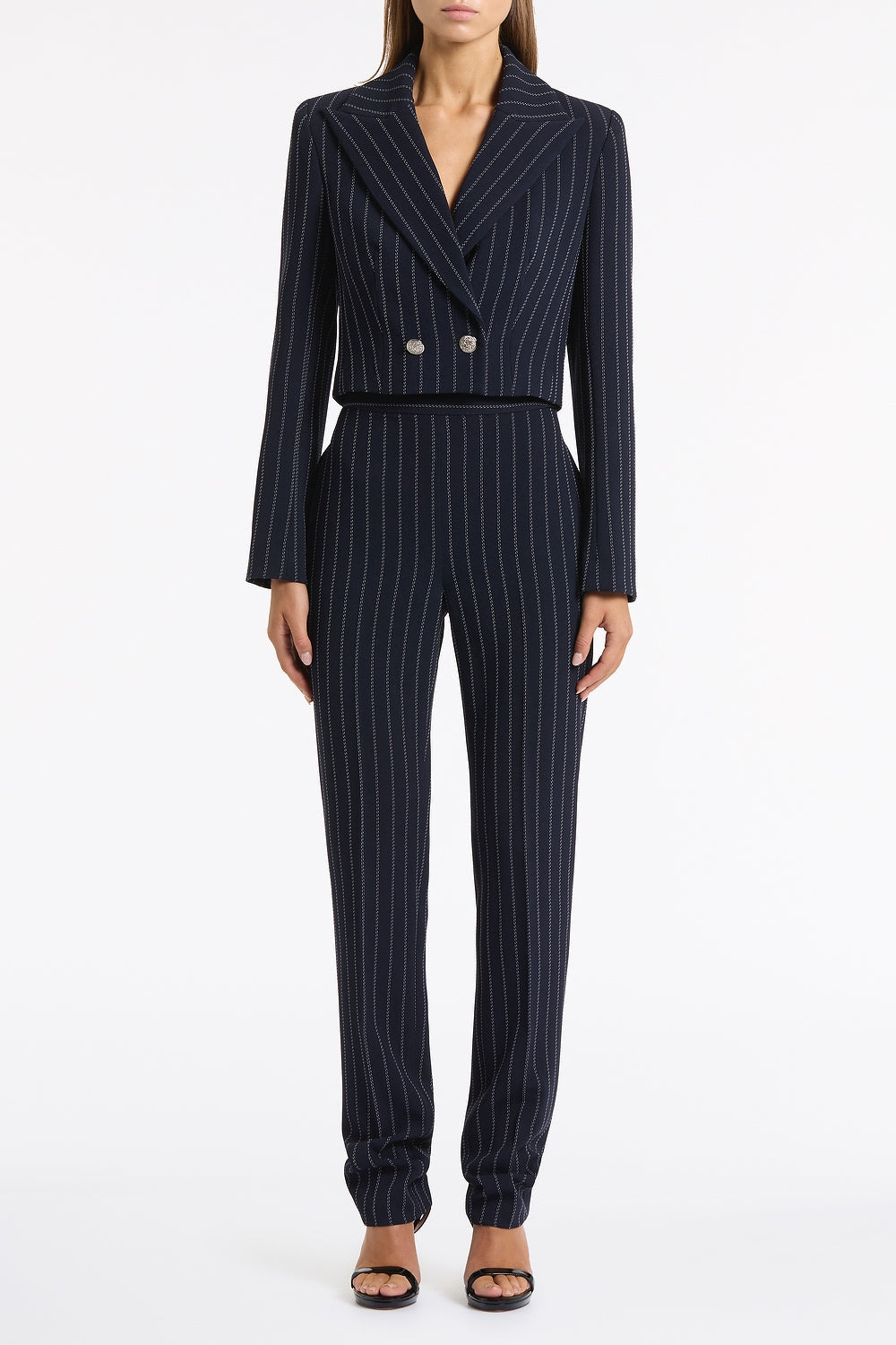 Image of Coats & Jackets. Product name - Navy Pinstripe Cropped Jacket in Navy colour by brand - Carla Zampatti