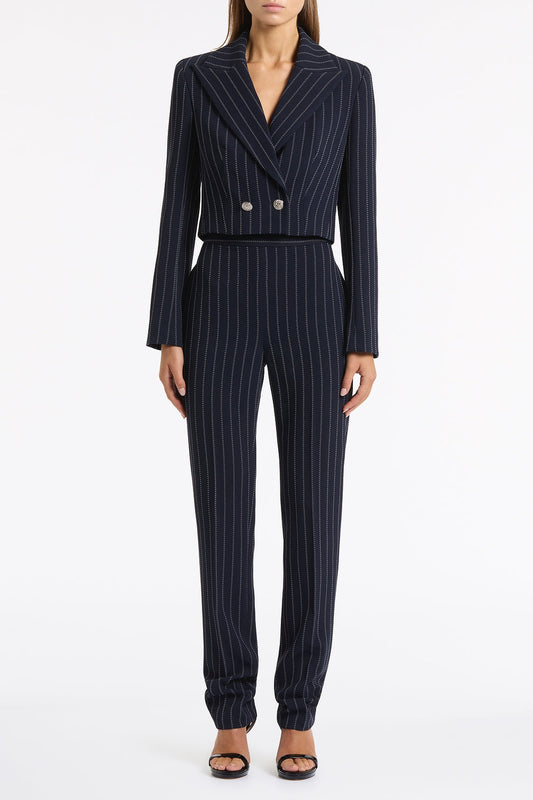 Image of Coats & Jackets. Product name - Navy Pinstripe Cropped Jacket in Navy colour by brand - Carla Zampatti