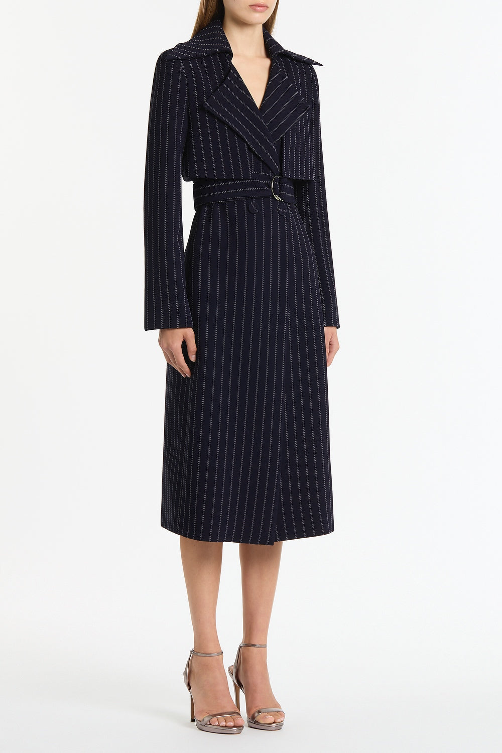 Carla Zampatti Pinstripe Double-Breasted Trench Coat (Navy)