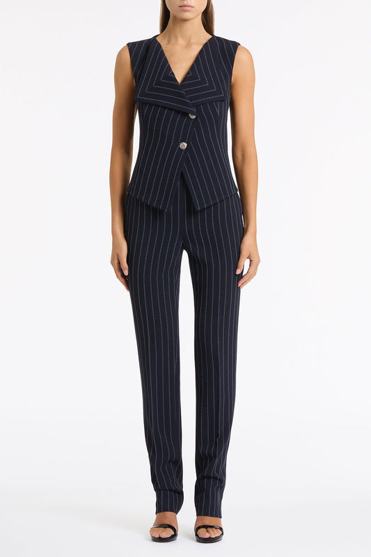 Image of Coats & Jackets. Product name - Navy Pinstripe Double Breasted Vest in Navy colour by brand - Carla Zampatti