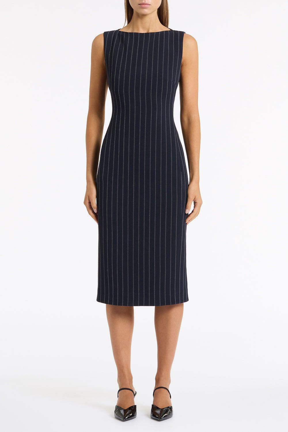Image of Dresses. Product name - Navy Pinstripe Sheath Dress in Navy colour by brand - Carla Zampatti
