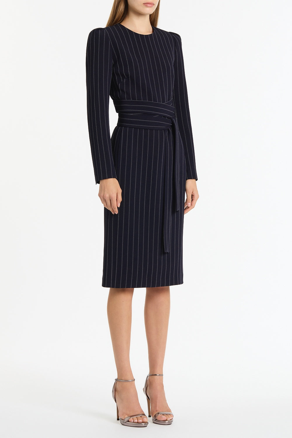 Carla Zampatti Pinstripe Split Sleeve Midi Dress (Navy)