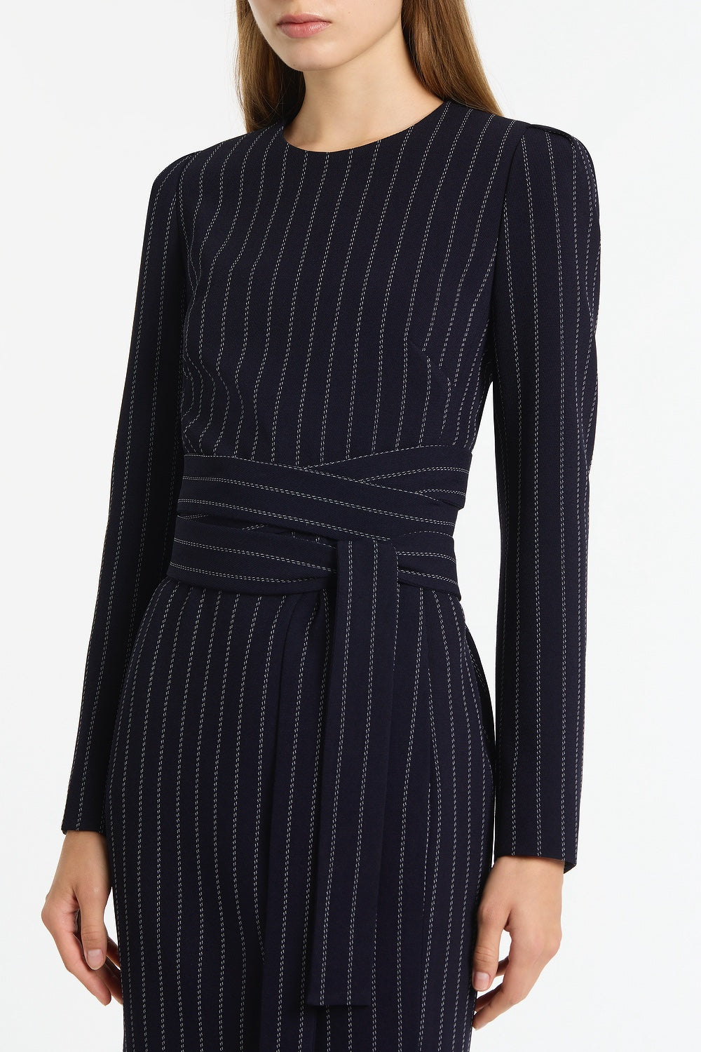 Carla Zampatti Pinstripe Split Sleeve Midi Dress (Navy)
