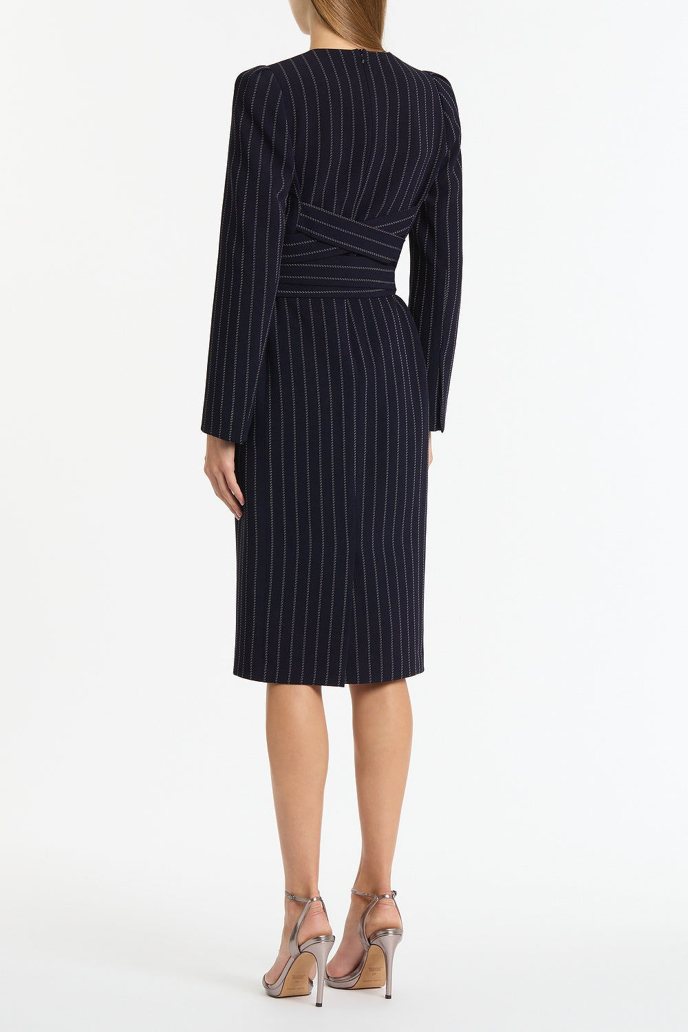 Carla Zampatti Pinstripe Split Sleeve Midi Dress (Navy)
