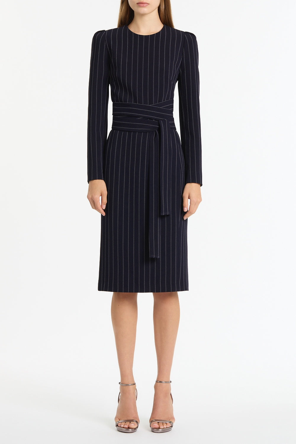 Image of Dresses. Product name - Navy Pinstripe Split Sleeve Midi Dress in Navy colour by brand - Carla Zampatti