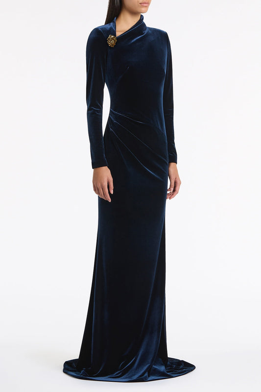 Carla Zampatti Velvet Asymmetric Neck Detail Gown (Navy)