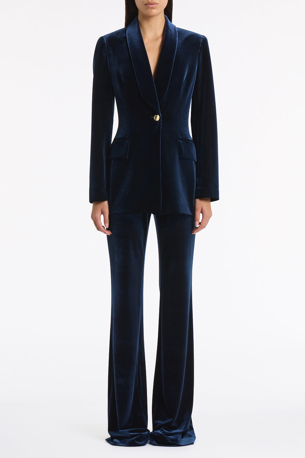 Image of a model wearing Pants. Product name - Navy Velvet Bootleg Pant in Navy colour by brand - Carla Zampatti