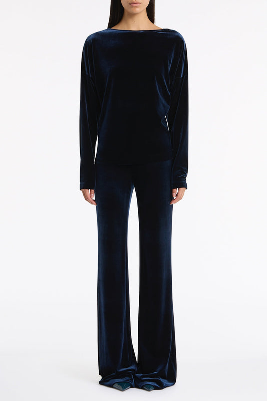 Image of a model wearing Tops. Product name - Navy Velvet Drop Shoulder Top in Navy colour by brand - Carla Zampatti