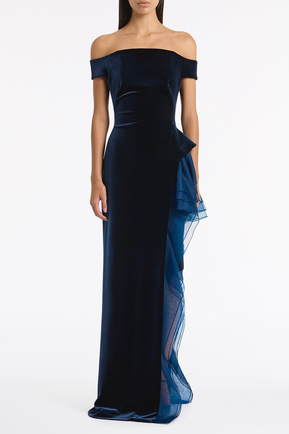 Image of Dresses. Product name - Navy Velvet Organza Detail Gown in Navy colour by brand - Carla Zampatti