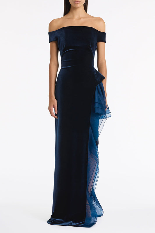 Image of Dresses. Product name - Navy Velvet Organza Detail Gown in Navy colour by brand - Carla Zampatti