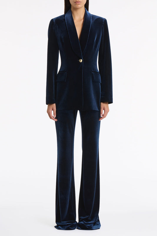Image of Coats & Jackets. Product name - Navy Velvet Shawl Collar Jacket in Navy colour by brand - Carla Zampatti