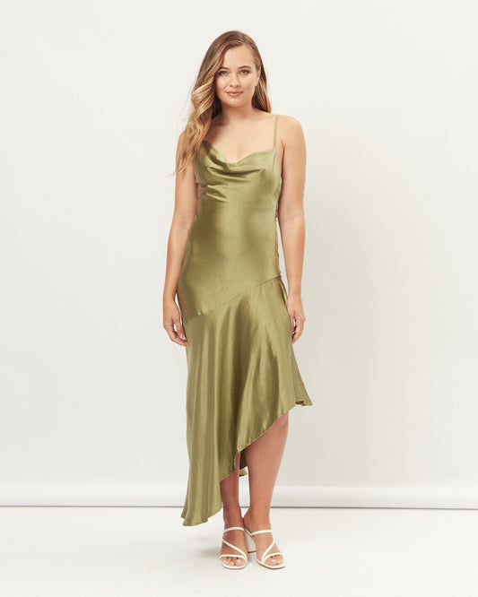 Image of Dresses. Productname: HEYCHIC Nevaeh Asymmetric Hem Maxi Dress in Green colour by brand - HEYCHIC