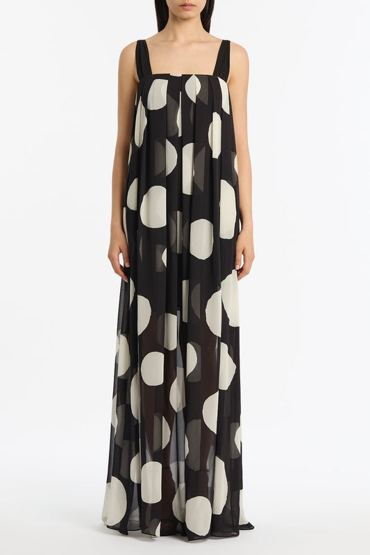 Image of Dresses. Product name - Noir Spot Tuck Detail Maxi Dress in Black colour by brand - Carla Zampatti