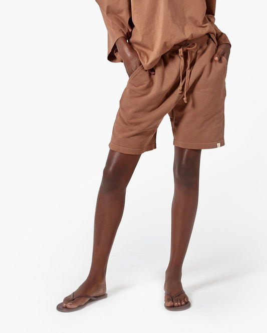 Image of a model wearing Shorts. Productname: Core Short Nutmeg in Nutmeg colour by brand - TKEES