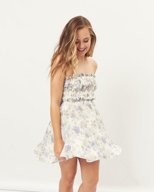Image of Dresses. Productname: HEYCHIC Nyla Floral Tie Back Mini Dress in Purple colour by brand - HEYCHIC