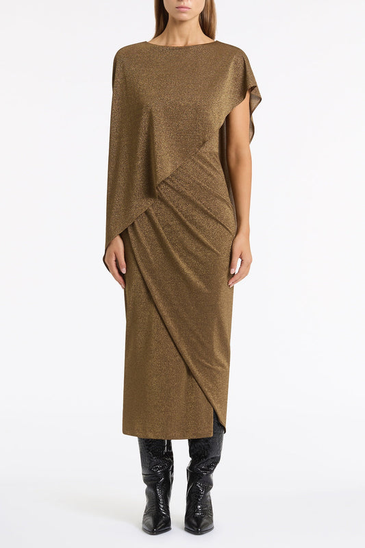Image of Dresses. Product name - Old Gold Lurex Knit Cape Twist Dress in Gold colour by brand - Carla Zampatti