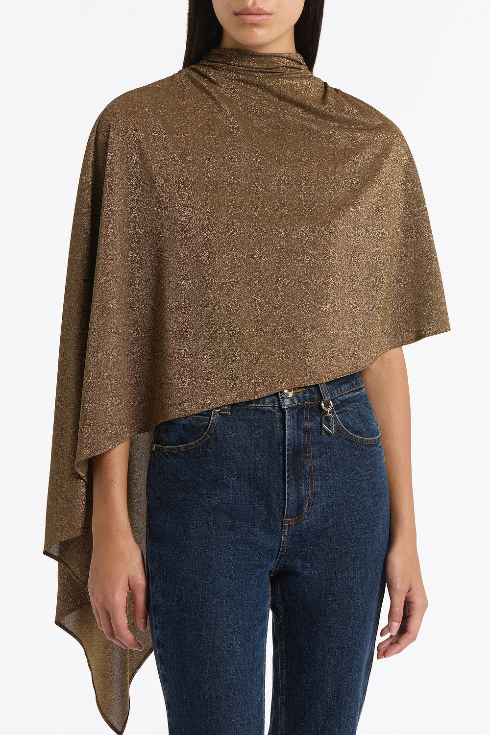 Carla Zampatti Old Lurex Knit Rouched Neck Cape Top (Gold)