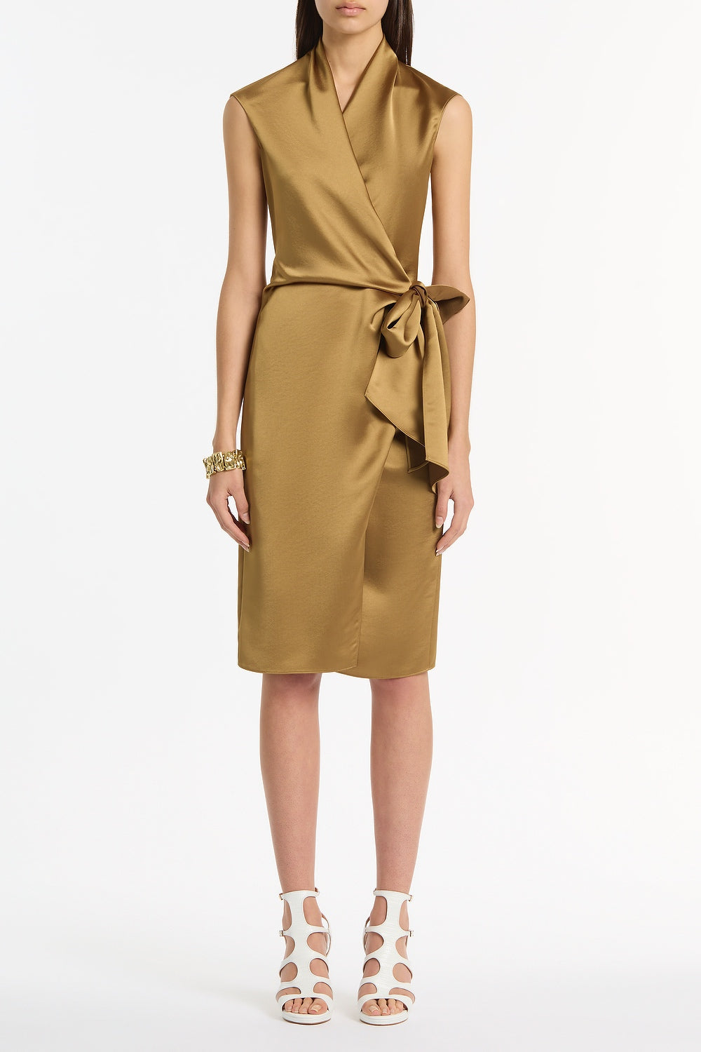 Image of Dresses. Product name - Old Gold Lustre Satin Wrap Dress in Gold colour by brand - Carla Zampatti