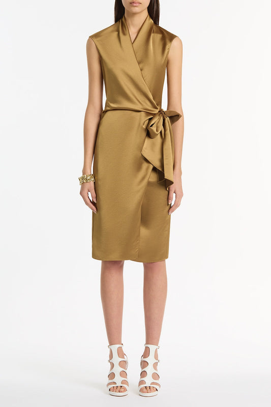 Image of Dresses. Product name - Old Gold Lustre Satin Wrap Dress in Gold colour by brand - Carla Zampatti