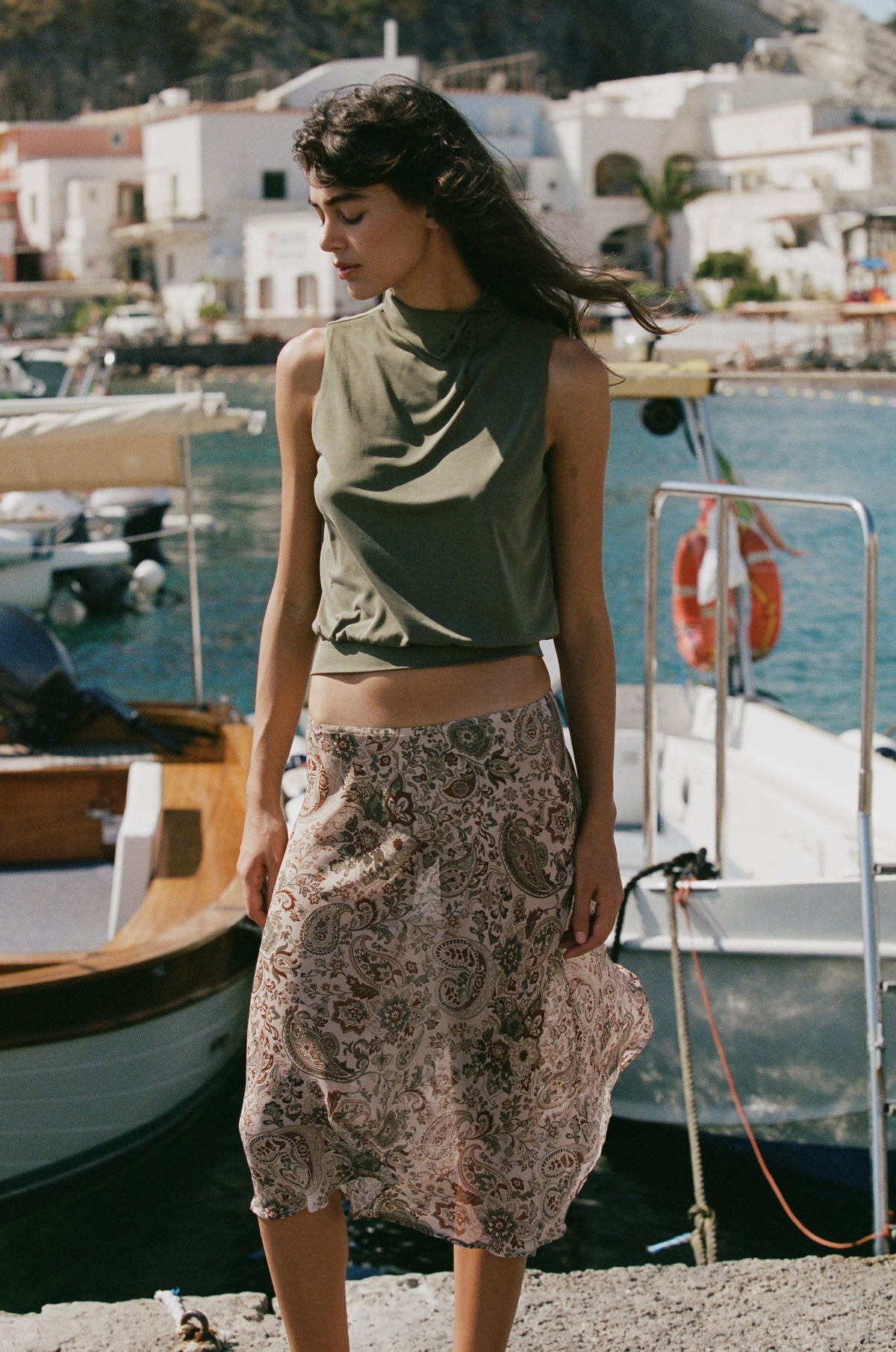 Image of a model wearing Skirts. Product name - Olea Skirt in Stone Paisley colour by brand - With Jéan