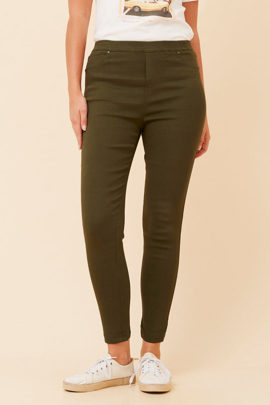 Image of a model wearing Pants. Product name - PRESLEY SKINNY PANTS in Khaki colour by brand - Caroline Morgan Australia