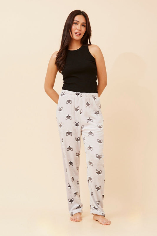 Image of a model wearing Pants. Product name - LEE FOX PRINT PLUSH PYJAMA PANTS in Pale Pink colour by brand - Caroline Morgan Australia