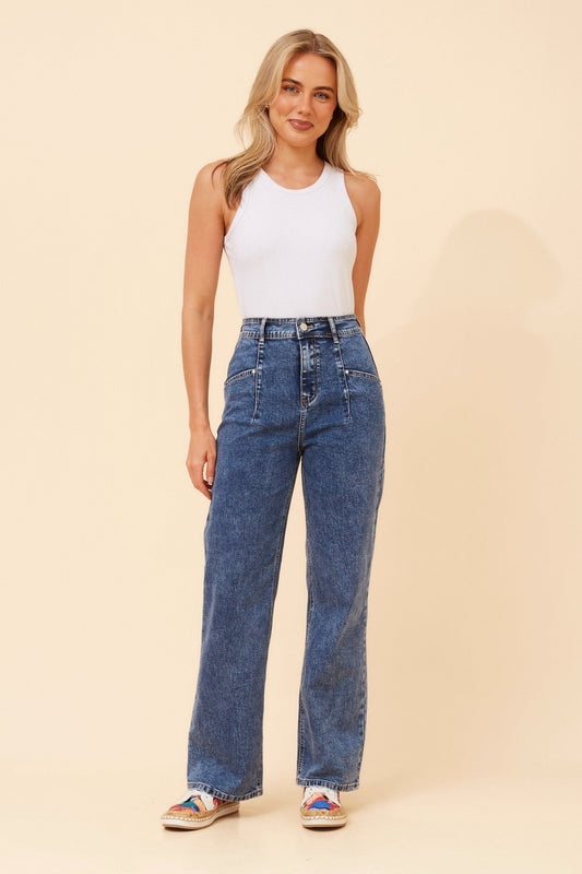 Image of Jeans. Product name - VIONA WIDE LEG DENIM PANTS in Mid Wash colour by brand - Caroline Morgan Australia