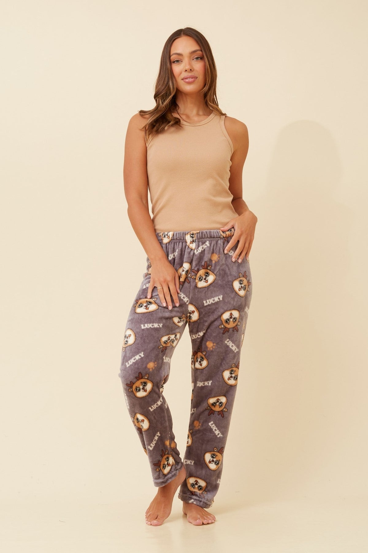 LEE REINDEER PRINT PLUSH PYJAMA PANTS (Grey)