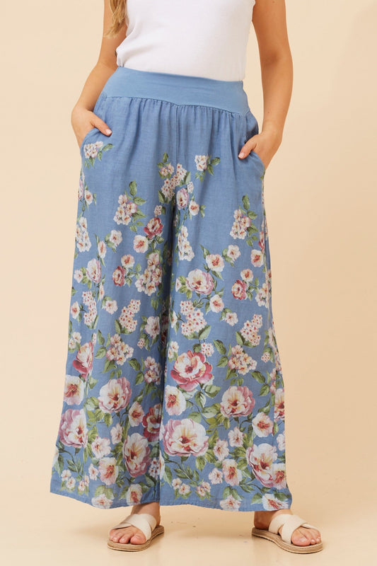 BOTTEGA MODA LEONORA FLORAL WIDE LEG LINEN PANTS (Denim)