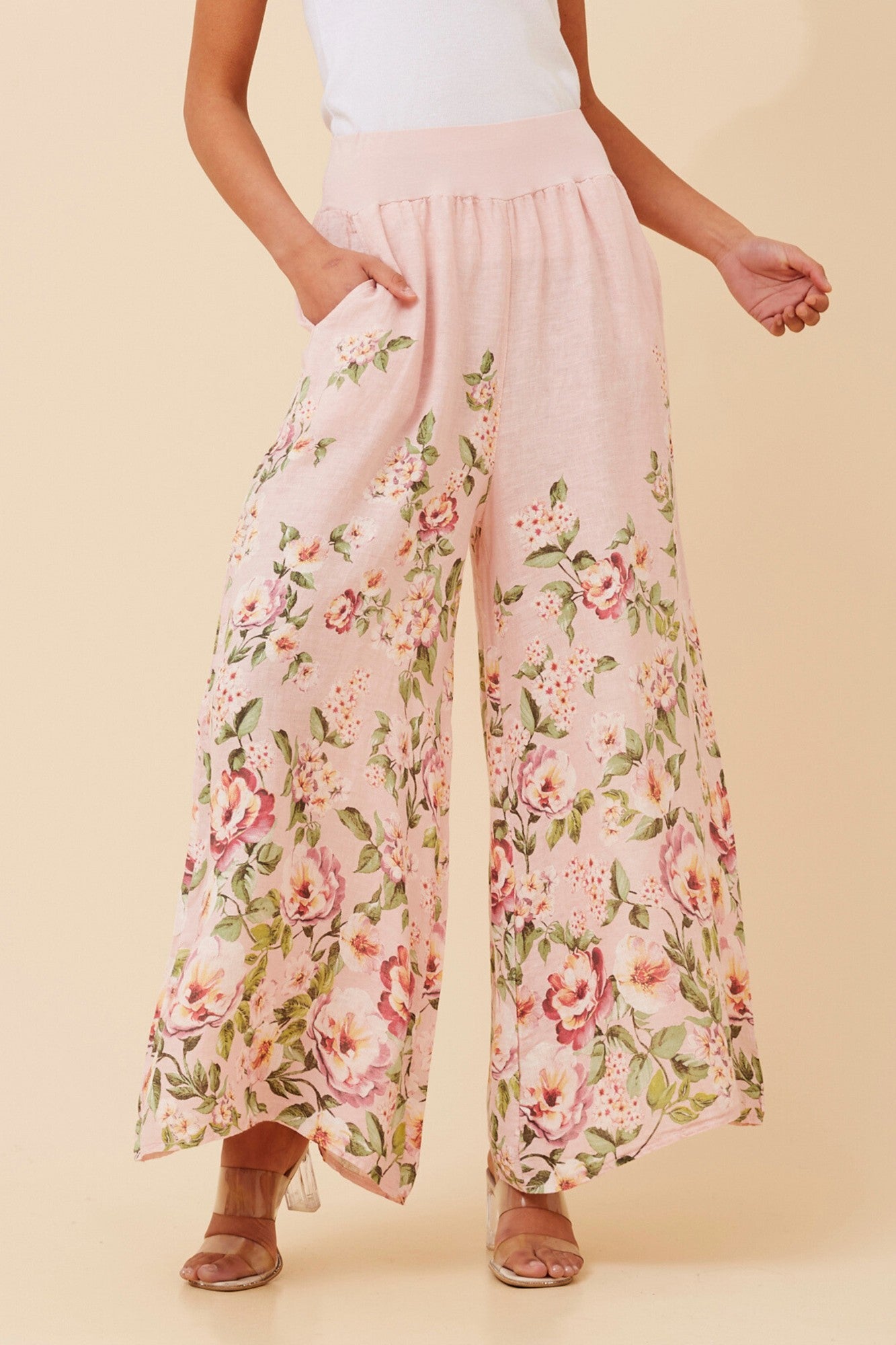LEONORA FLORAL WIDE LEG LINEN PANTS (Light Pink)