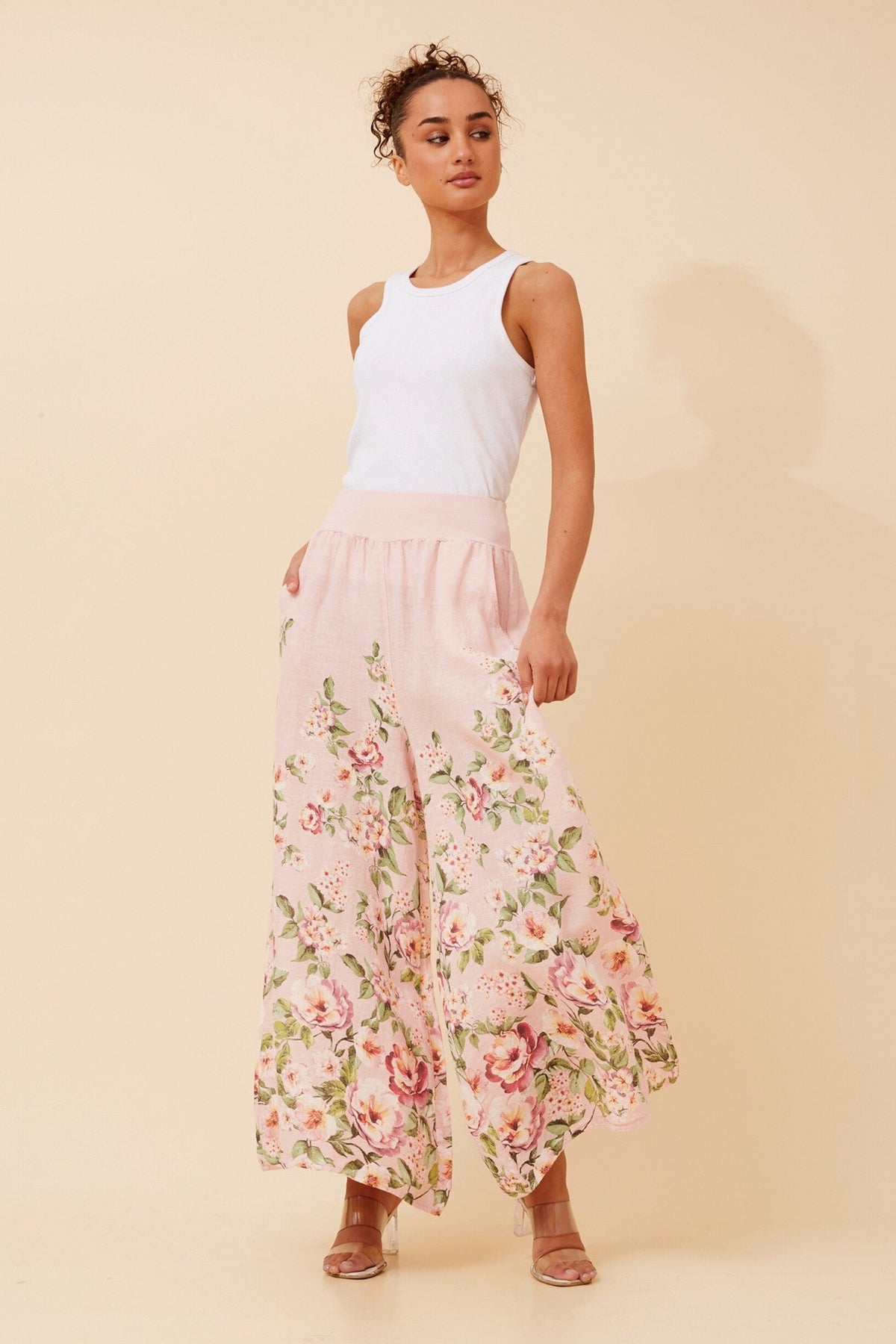 LEONORA FLORAL WIDE LEG LINEN PANTS (Light Pink)