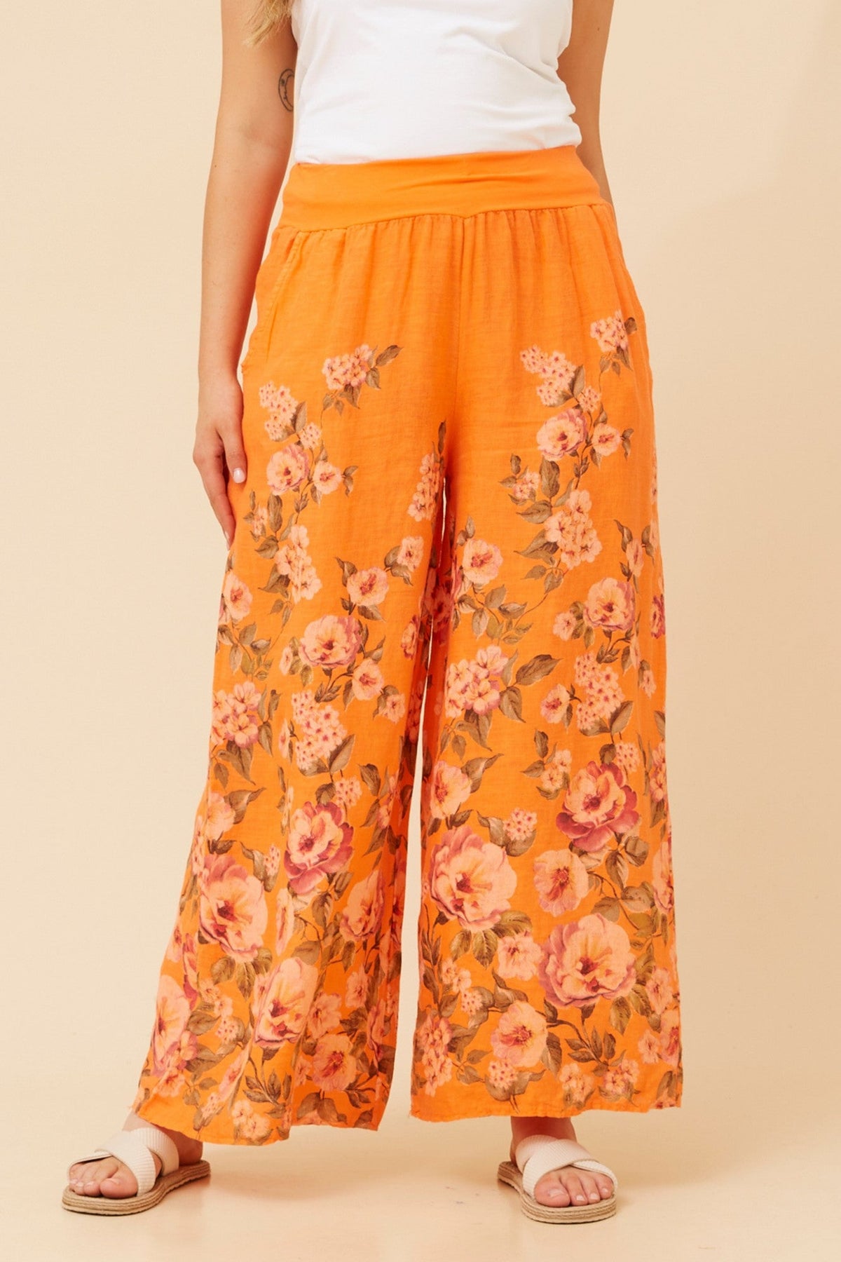 BOTTEGA MODA LEONORA FLORAL WIDE LEG LINEN PANTS (Orange)