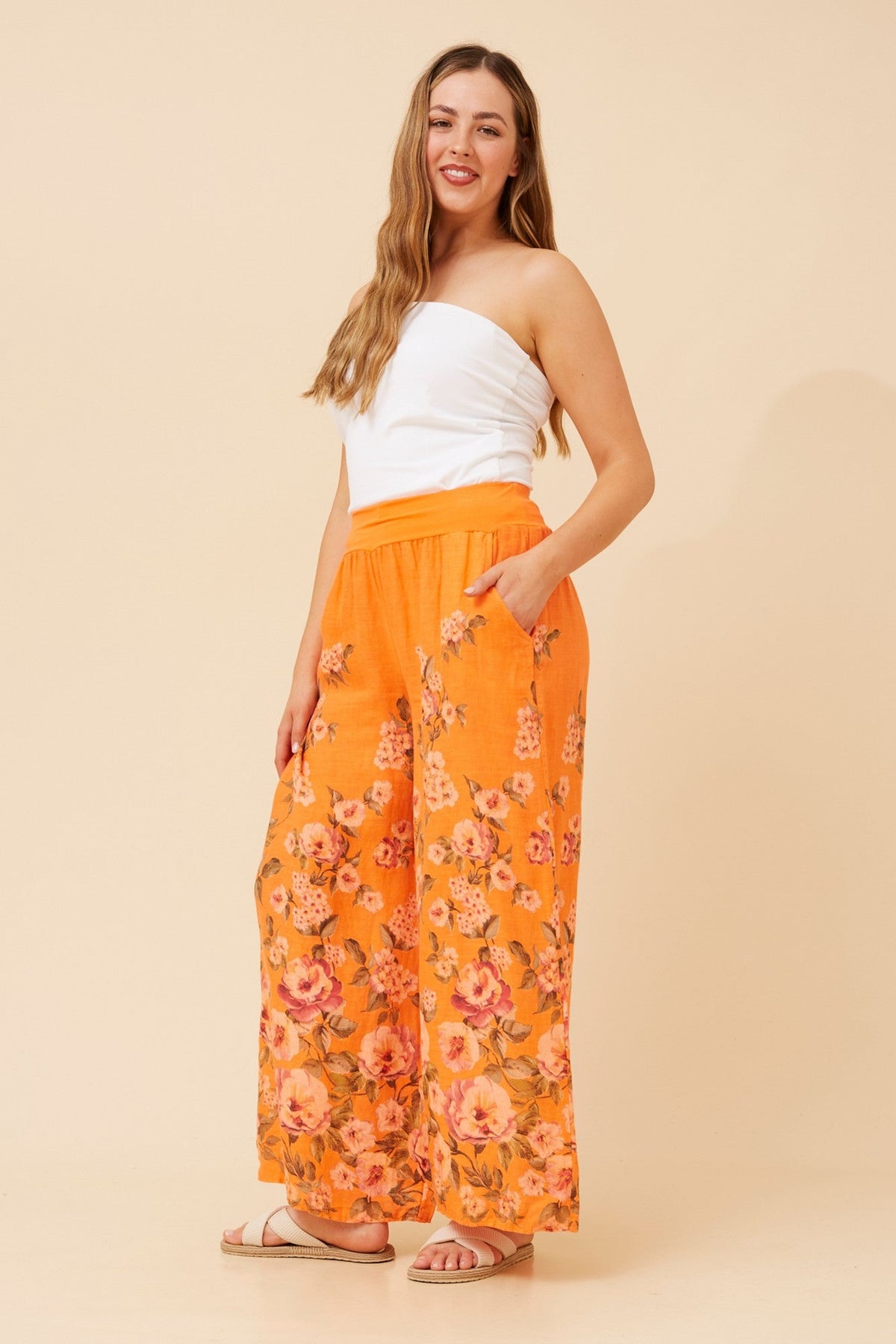 BOTTEGA MODA LEONORA FLORAL WIDE LEG LINEN PANTS (Orange)
