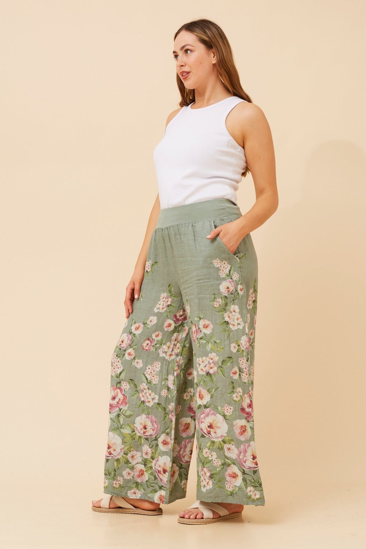 BOTTEGA MODA LEONORA FLORAL WIDE LEG LINEN PANTS (Sage)