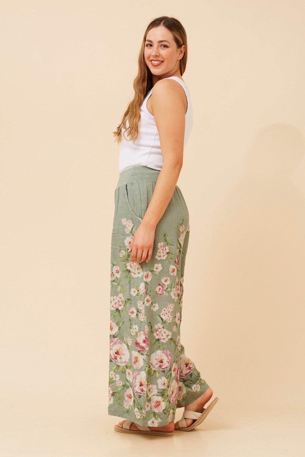 BOTTEGA MODA LEONORA FLORAL WIDE LEG LINEN PANTS (Sage)