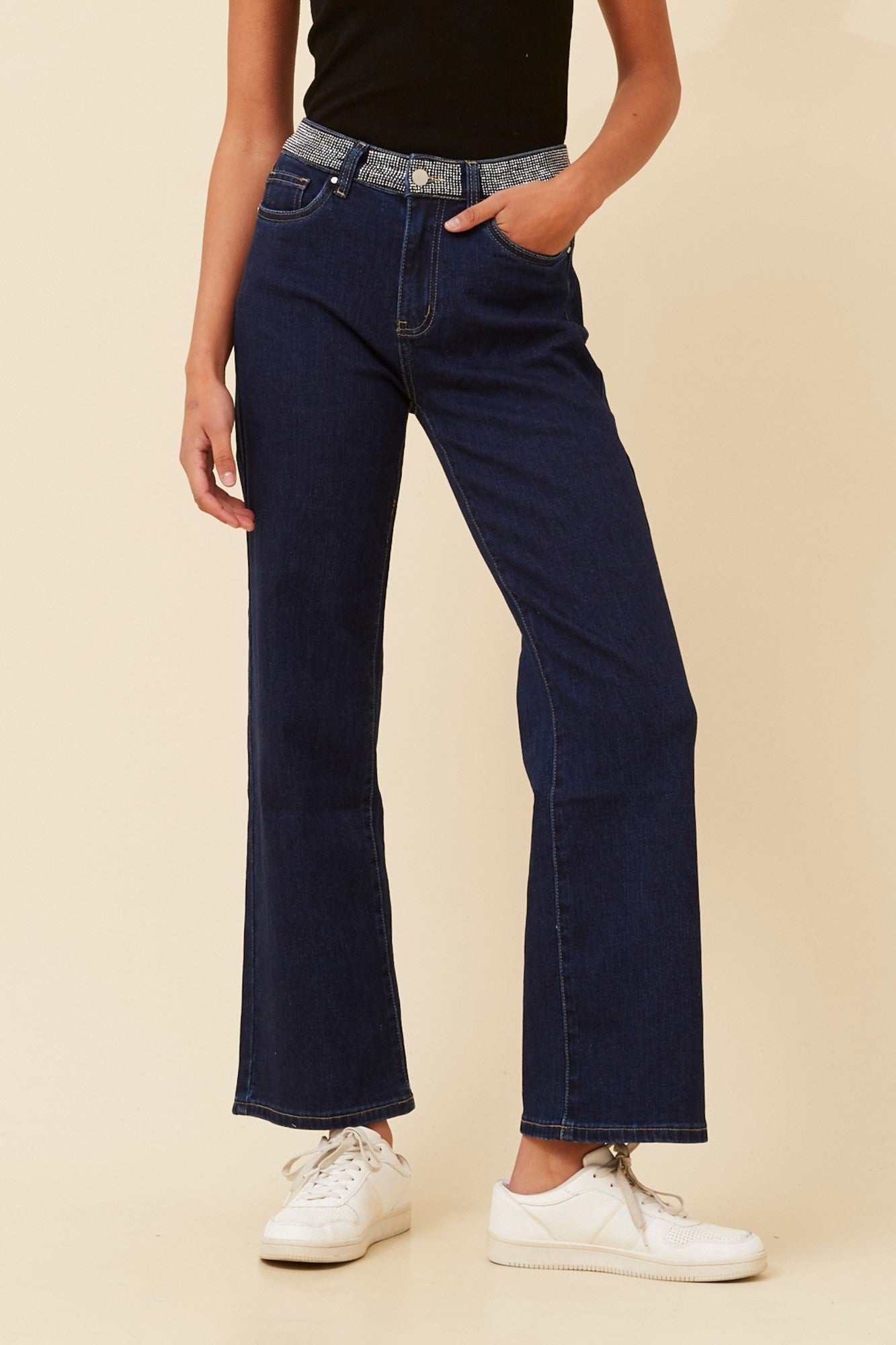 Image of Jeans. Product name - FABIENNE DIAMANTE DENIM PANTS in Black colour by brand - Caroline Morgan Australia