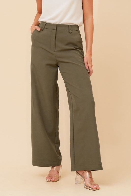 Image of a model wearing Pants. Product name - SAHARA WIDE LEG PANTS in Khaki colour by brand - Caroline Morgan Australia