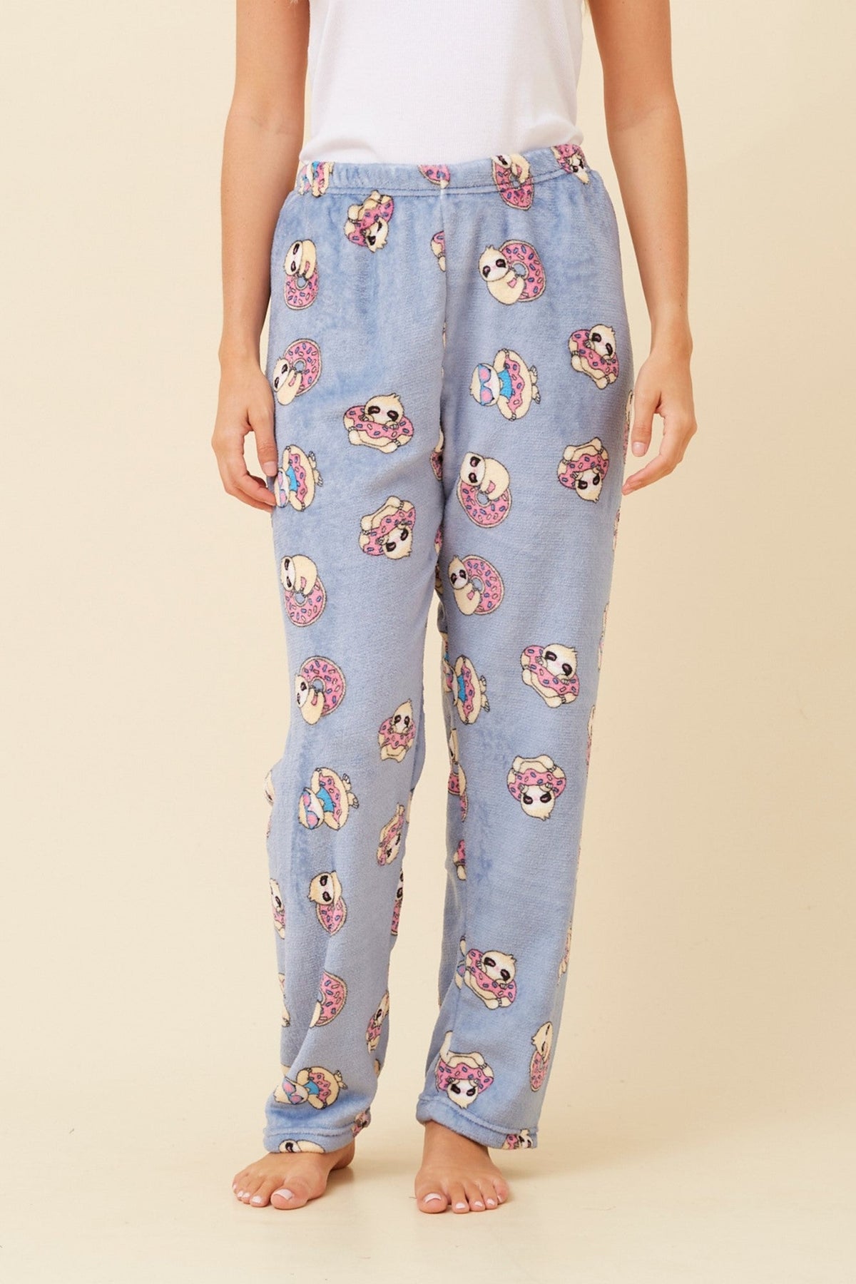 Image of a model wearing Pants. Product name - LEE PLUSH PYJAMA PANTS in Indigo colour by brand - Caroline Morgan Australia