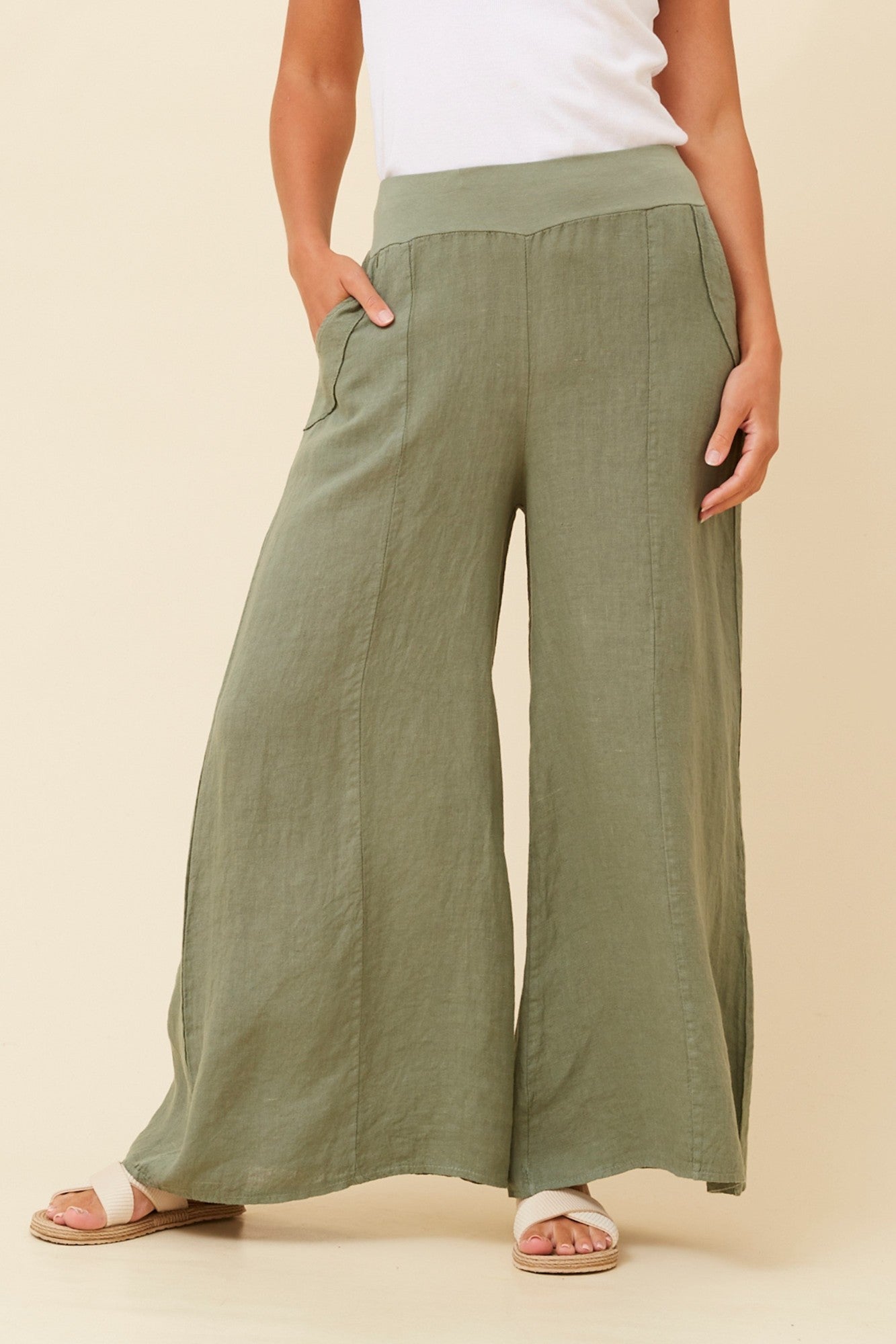 AMILITA WIDE LEG LINEN PANTS (Khaki)