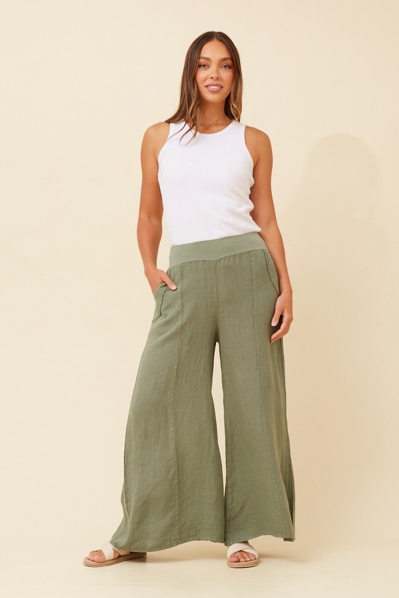 AMILITA WIDE LEG LINEN PANTS (Khaki)