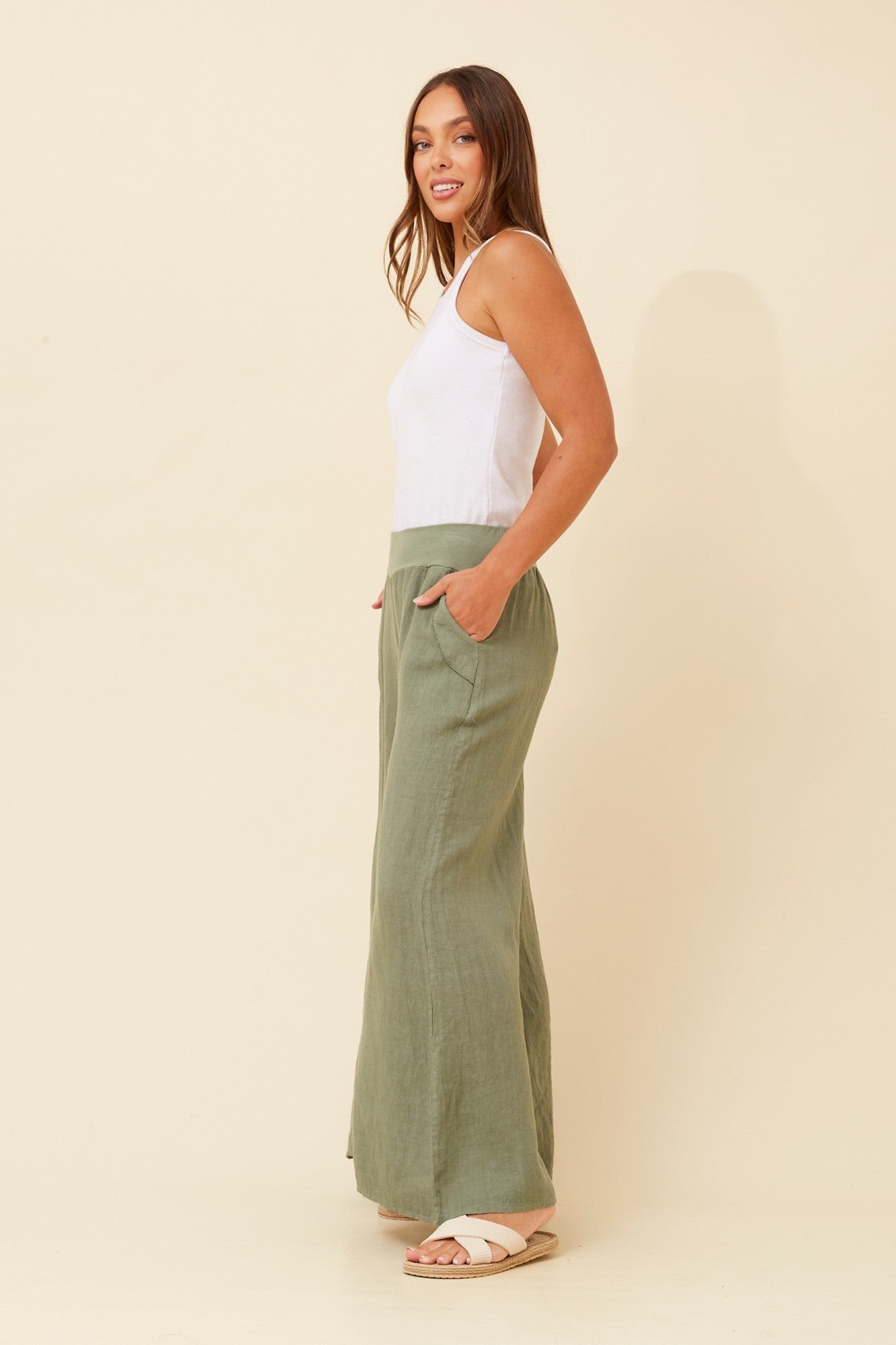 AMILITA WIDE LEG LINEN PANTS (Khaki)