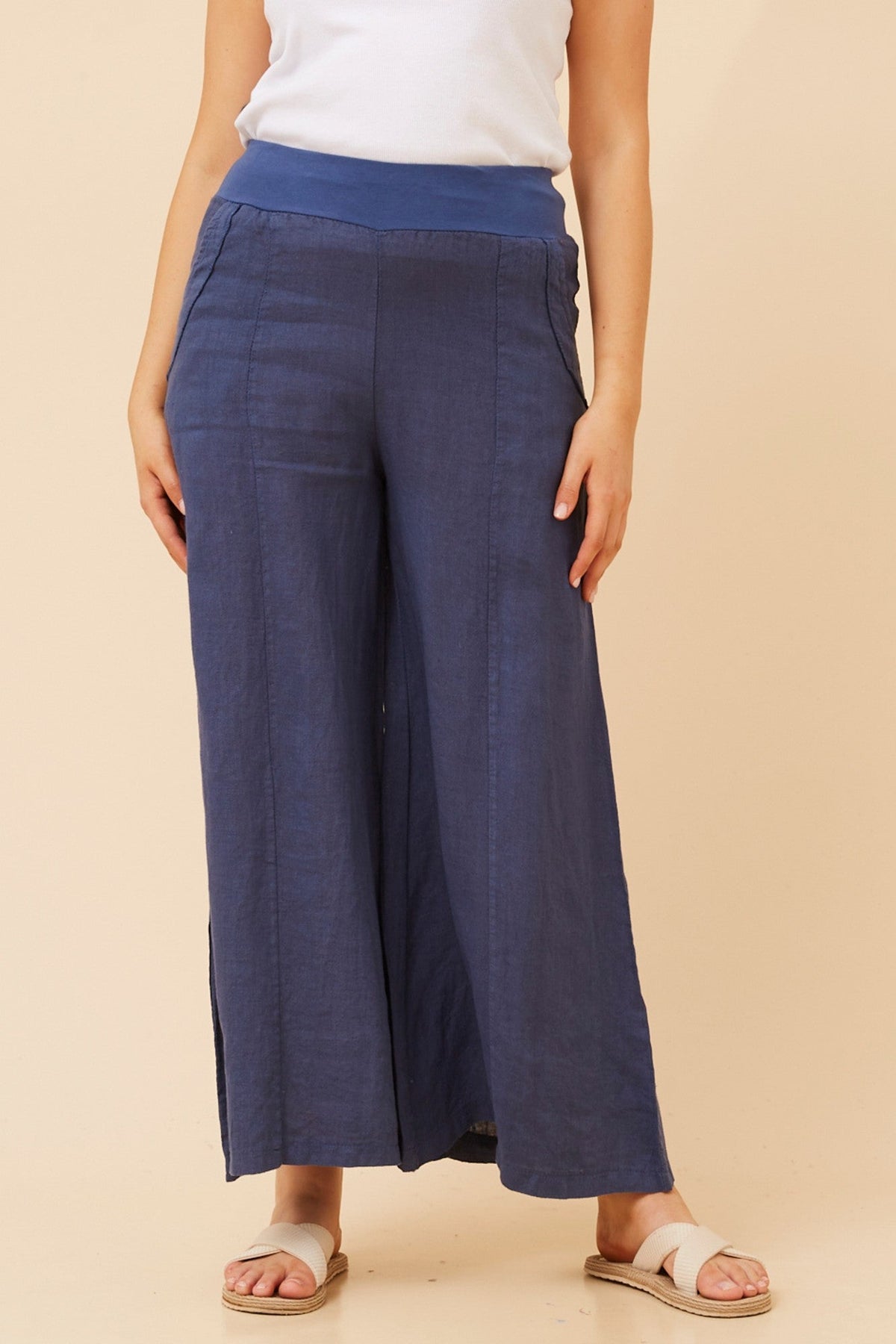 BOTTEGA MODA AMILITA WIDE LEG LINEN PANTS (Navy)