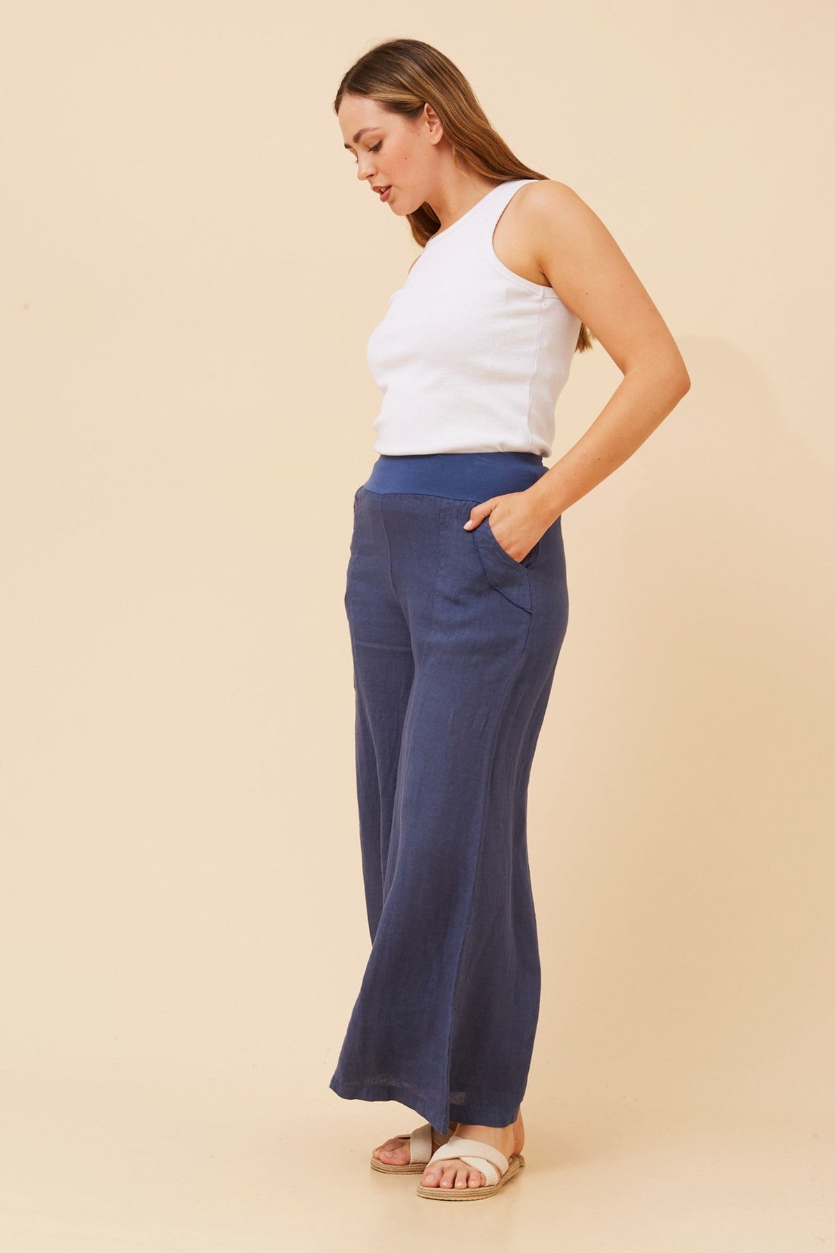 BOTTEGA MODA AMILITA WIDE LEG LINEN PANTS (Navy)