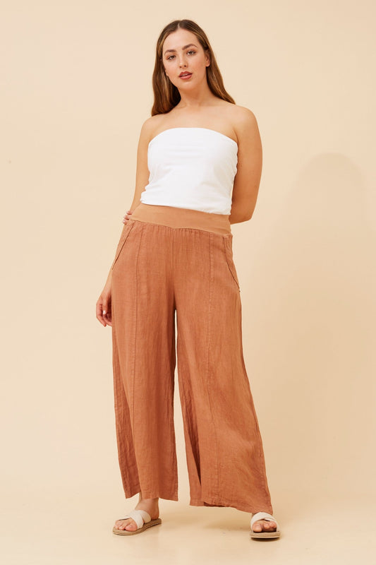 Image of a model wearing Pants. Product name - AMILITA WIDE LEG LINEN PANTS in Khaki colour by brand - BOTTEGA MODA
