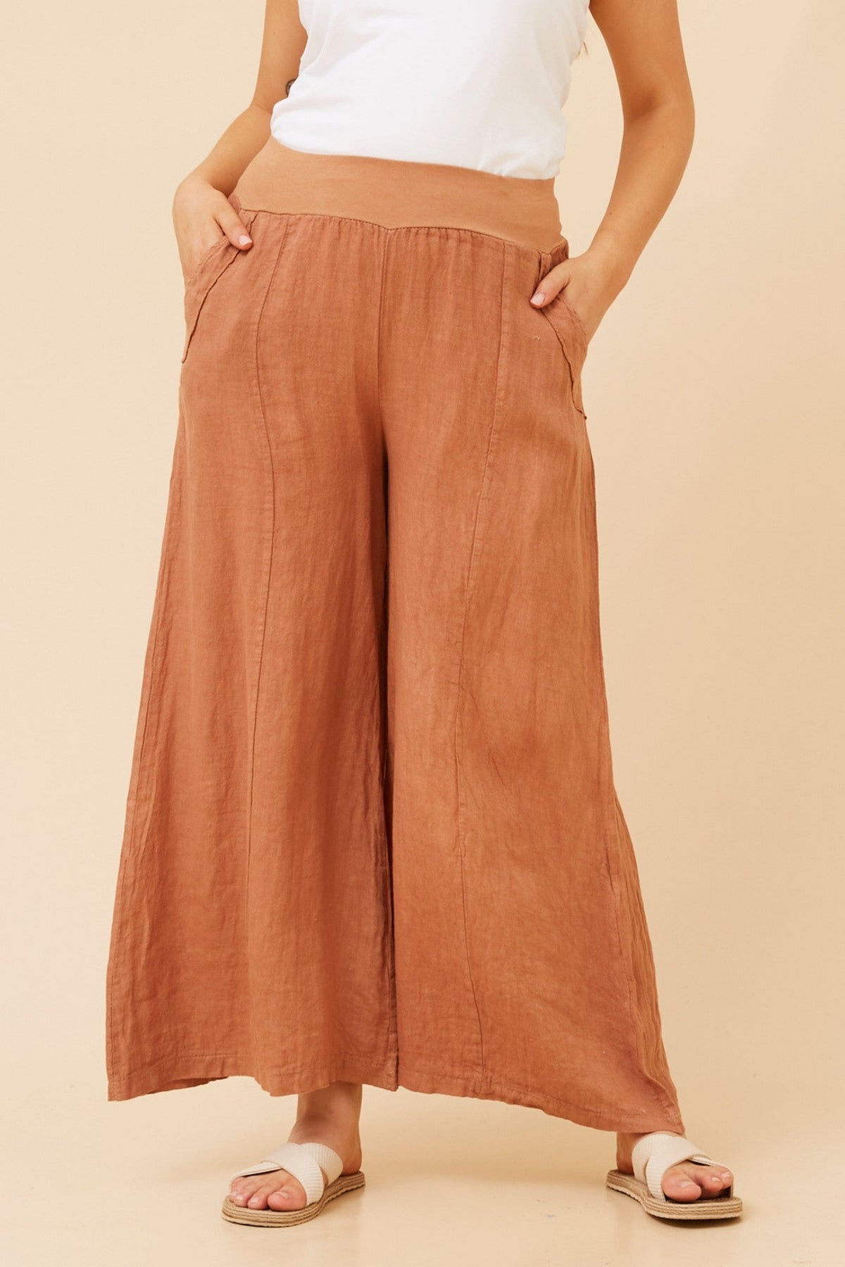 BOTTEGA MODA AMILITA WIDE LEG LINEN PANTS (Tobacco)
