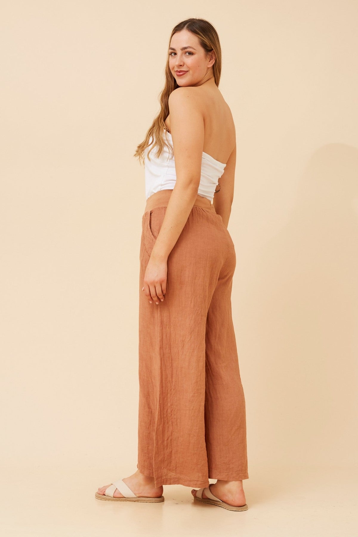 BOTTEGA MODA AMILITA WIDE LEG LINEN PANTS (Tobacco)