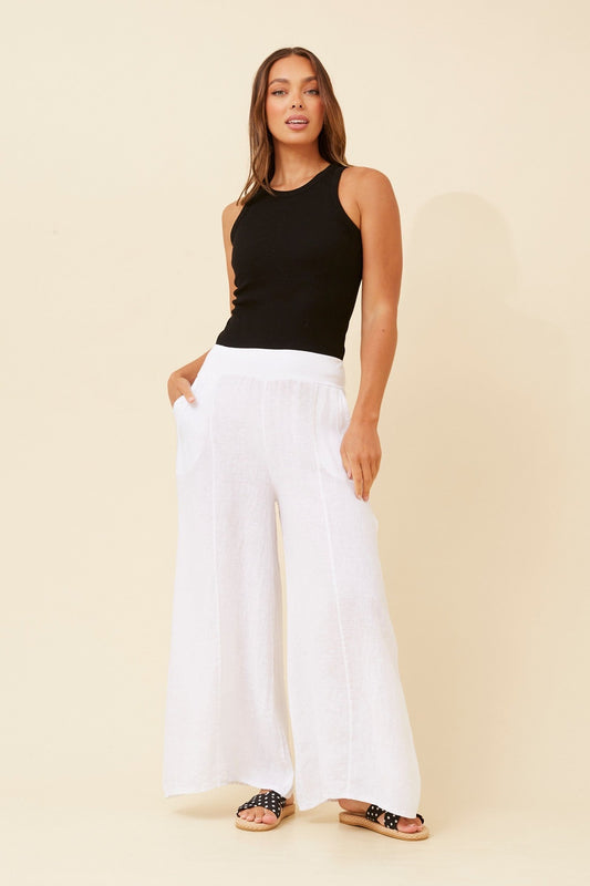BOTTEGA MODA AMILITA WIDE LEG LINEN PANTS (White)