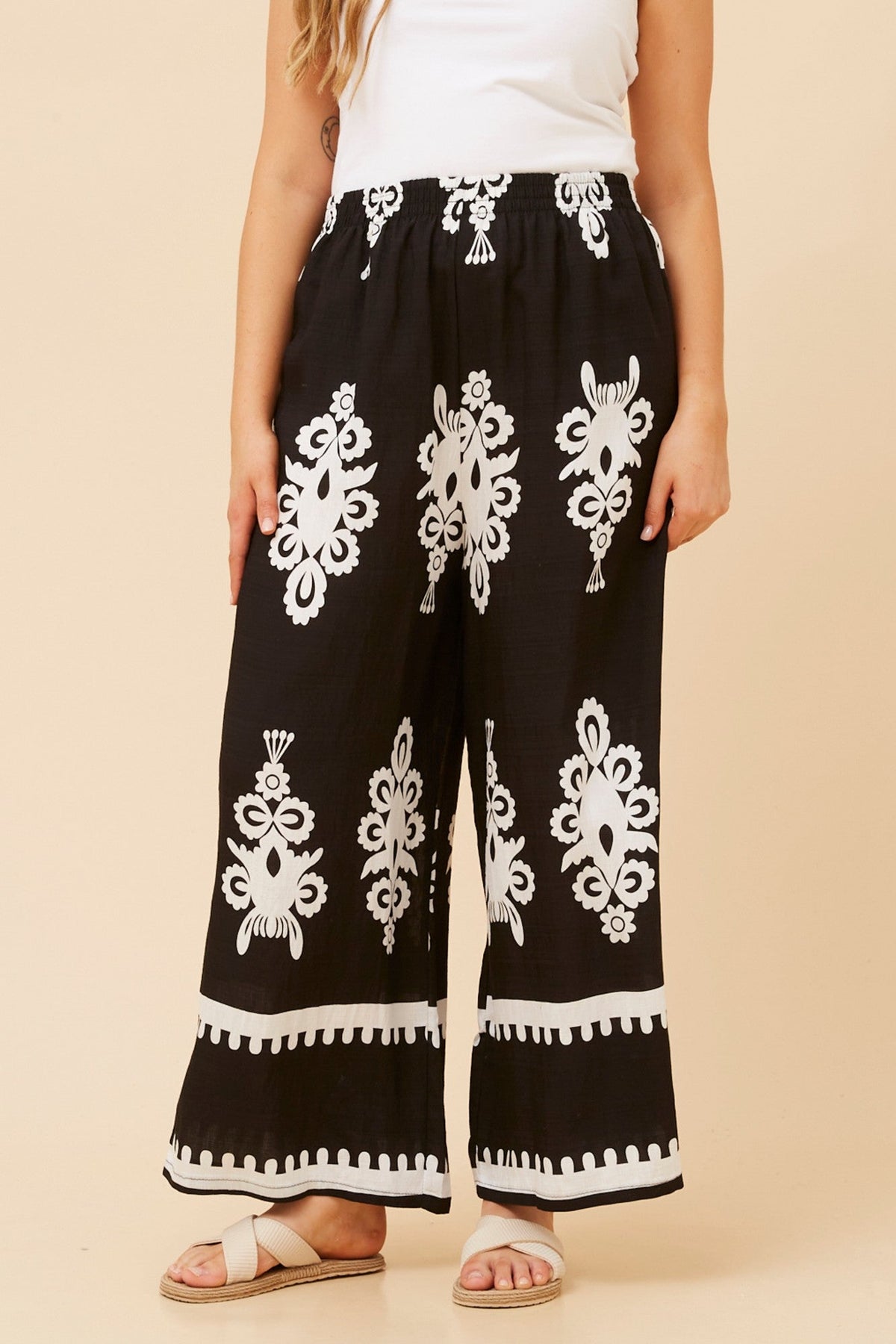 Caroline Morgan Australia ANCA BORDER PRINT WIDE LEG PANTS (Black)