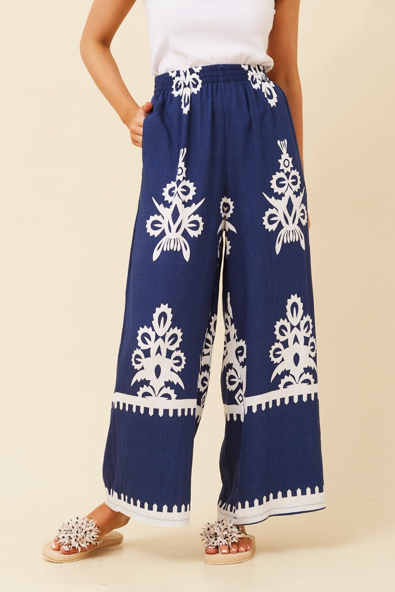ANCA BORDER PRINT WIDE LEG PANTS (Navy)